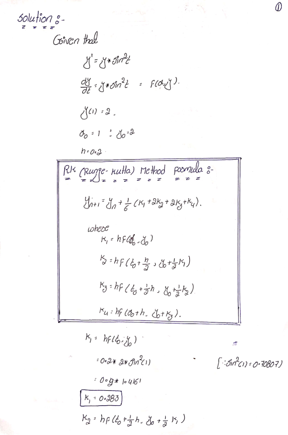 0 solution 8 z Goien that y= ya sint dy gesine Flawy). Yon-2, do I Jo-2 h 0.2 RK Cruzje Kutla) Method formula Yhte gat / (+4