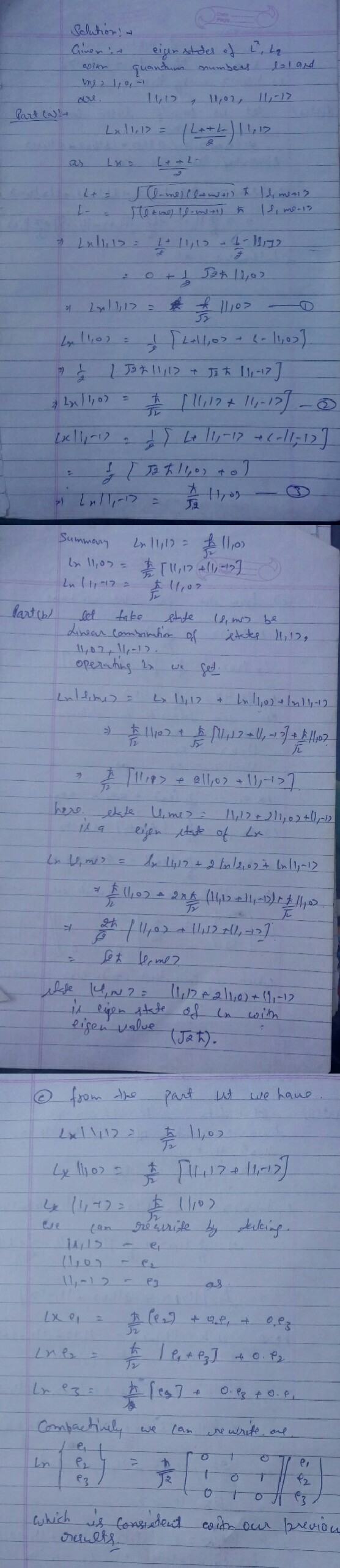Solutions - Ginemit eigen stodes of 2², Lq olth quantum numbers loland. me 10- are. 140, 11,02, 11,-17 - Lx11,12 = 1L++L) 11,