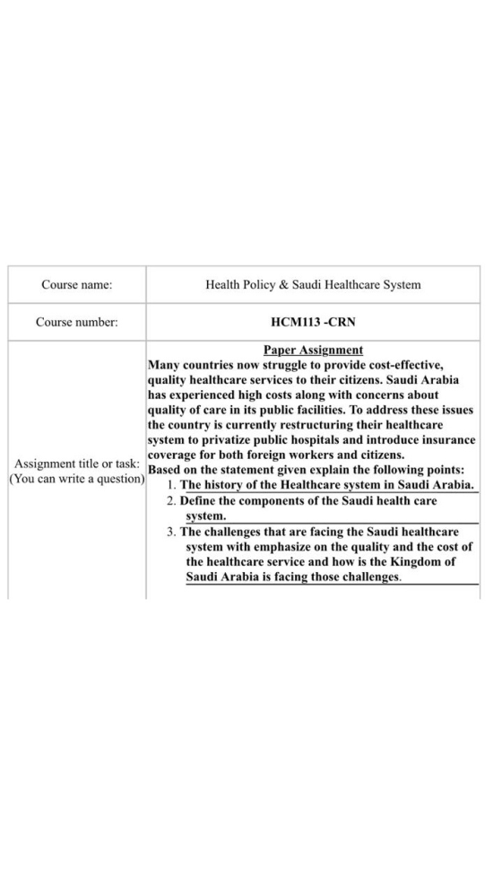 Course name: Health Policy & Saudi Healthcare System Course number: HCM113 -CRN Paper Assignment Many countries now struggle