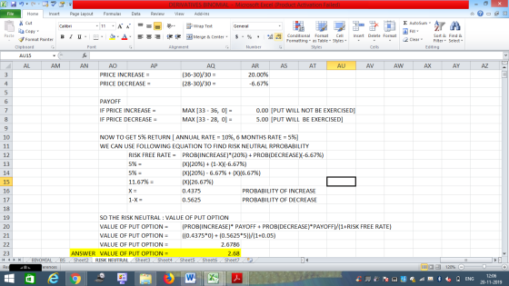 DERIVATIVES BINOMIAL - Microsoft Excel (Product Activation Failed) View Add-Ins - 2x Σ AutoSum : A Dr General Wrap Text Merge