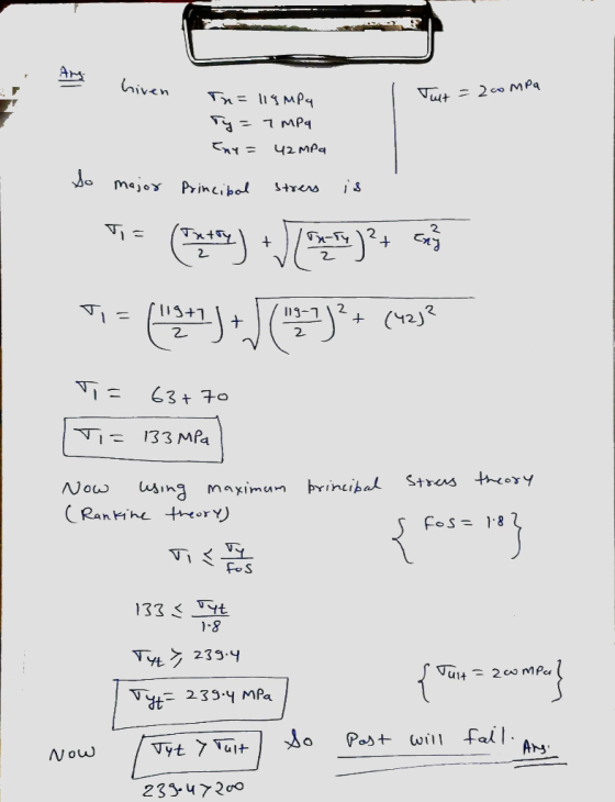 Given Just = 20 MPa Ти = ll MP4 та — 1 MP4 Eny= 42 MPa So major Princibal stress is ** ) )/ ) t exist T = (18+7) + (1 - 7 /²