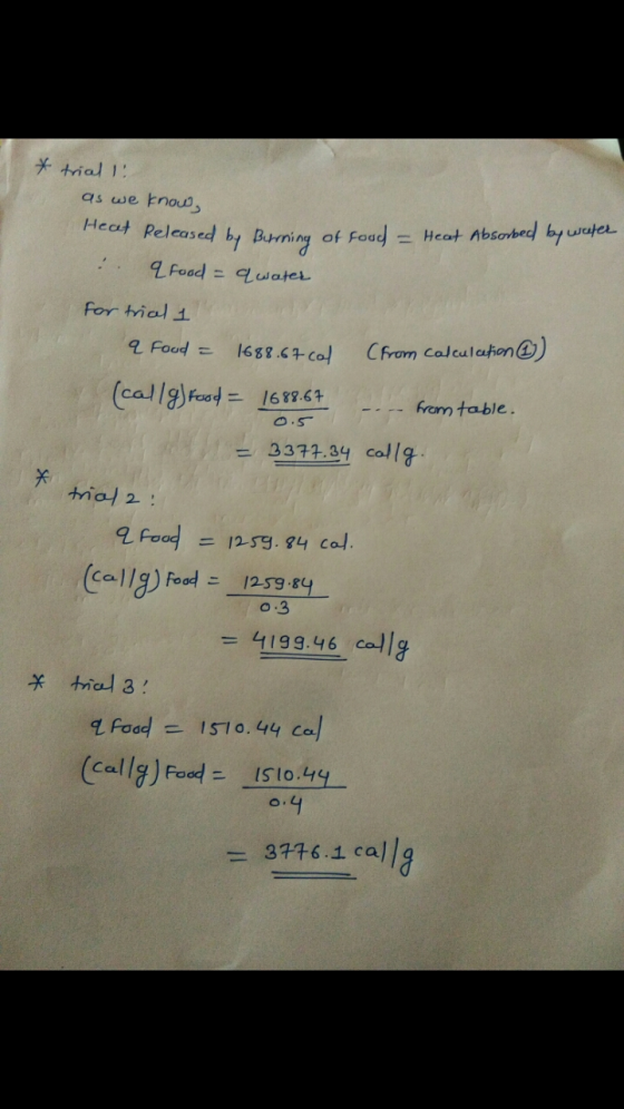 * trial 1: as we know, Heat Released by Burning of food = Heat Absorbed by water : q food - qwater for trial 1 q Food = 1688.