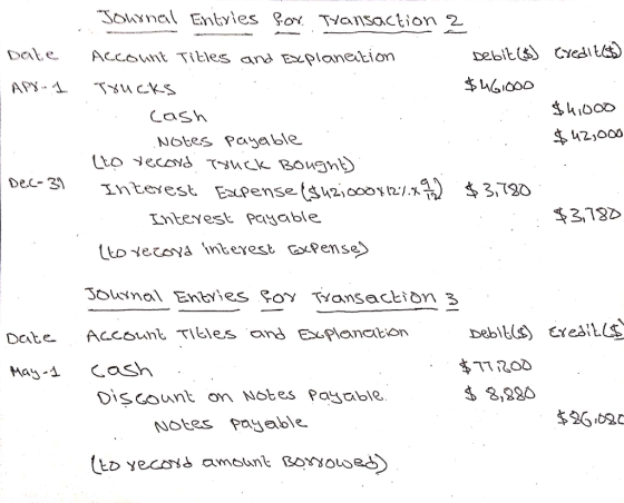Johrnal Entvies fox Tyansaction 2 Debit () Credit) Dale ACCOunt Titles and Explaneition $461000 APY I Toucks $4,000 Cash $ 42