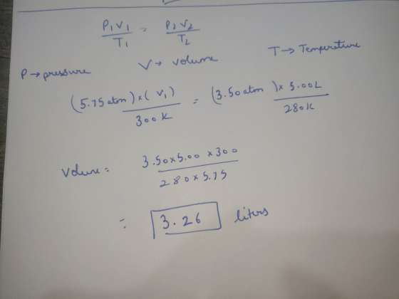 Ti Ti T> Temperature v volume P→ pressure (5.15 atm ) x( V) - 13.50 atm )x5.002 2800 3.50 - 3ook volune. 3.50x6.00 x 300 3.50