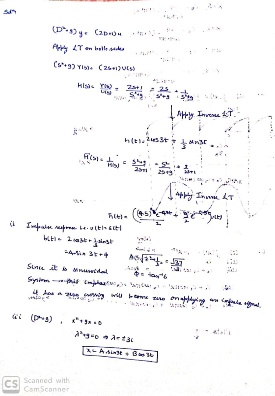 Sdn *9) y = (2D+1) . . . . on both sides (s+9) Y(5)c (25+i)ucs) . HIS) Long Apply Inverse LT h(t)=2453+ sin3t. - Apply Invers