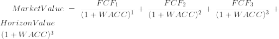 Market Value FCF1 (1 + WACC) FCF2 (1 + WACC)2 FCF3 (1+WACC)3 + Horizon Value (1 +W ACC)3