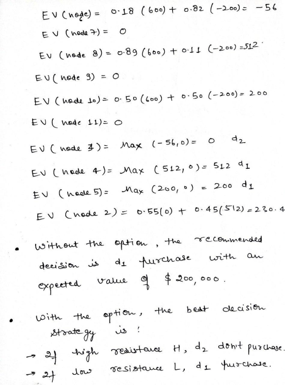 Ev (node) = 0.18 (600) + 0.82 (-200) = -56 EU (node 7) = 0 Eu (node 8) = 0.89 (600) + 0.11 (-200) =512 EU( node 9) = 0 EV ( n