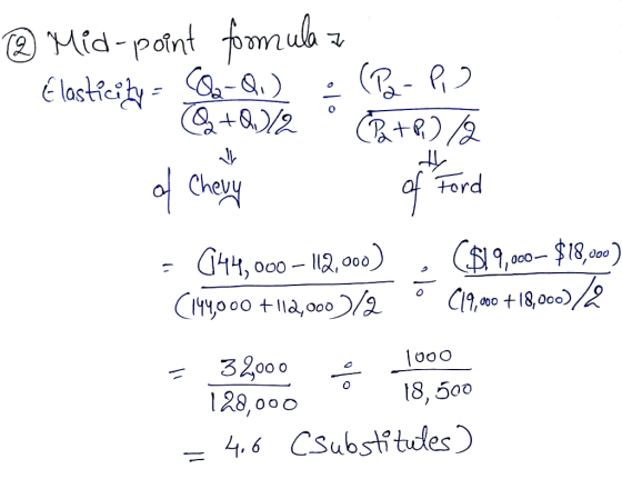 dh @ Mid-point formular Elasticity = -Q.) : (Pa- P2 Q+Q1/2 Pa+) of Chevy of Ford = 6144,000 – 112,000) , C$19,00 – $18,000) (