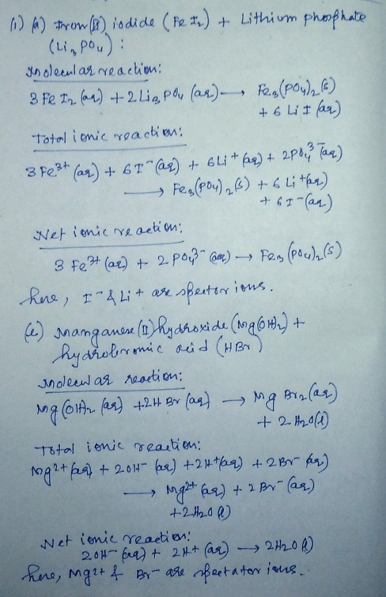 (1) (a) from (1) is dide (Rear) + Lithium phosphate (liepon): Inolecular reaction: 3 Fe In (aq) + 2. Lig Poy (as) – Fr. (pon)
