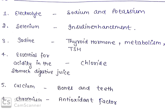 1. Electrolyte Sodium and Potassium 2 Selenium 5 Insulin enhancement. 3. godine Thyroid Hormone , metabolism, 2 TSH 4. Essent