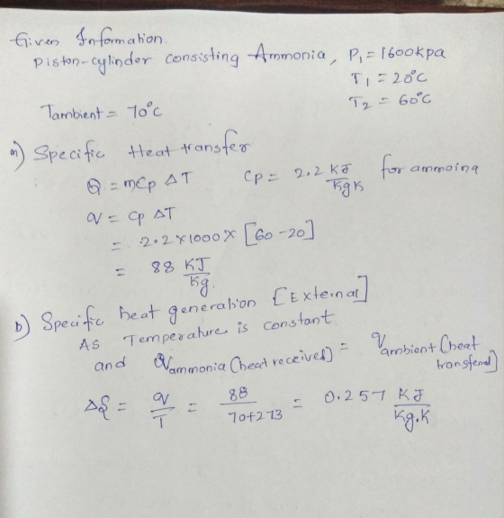 Given Information. piston-cylinder consisting Ammonia, P, = 16ookpa T = 200 Tambient - Toc T2 = 606 on Specific Heat transter