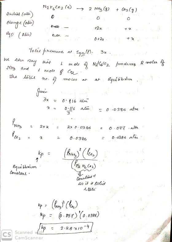 N24.CO2 (s) → 2 NH3 (3) + CO2(g) Duilial (ata) Chauge (alin) brea - +2x + a Eqn (alin ex- e n 0+32 +31 Totae pressure at Egnl