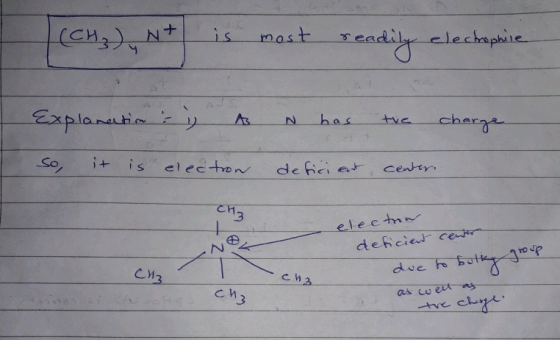 (CH₃) Nt is most readily electrophile Explanation : 7 A N has the charge So, it is electron deficient center . electron defic
