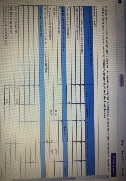 Help Save & Ext Submit 0 Check my work 3. Using the HF method, assign Apnis costs to the departments output-specifically, i