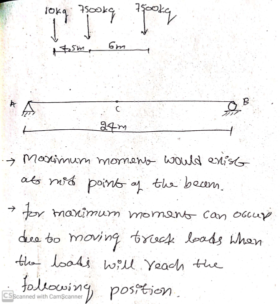 7500 lokg 75ooky ooky om B A c 27m Marimum moment would exist ats med point of the beam. for manimum moment can occur truck b