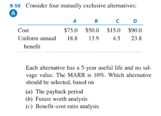 9-50 Consider four mutually exclusive alternatives: (Α) A B C D Cost $75.0 $50.0 $15.0 $90.0 Uniform annual 18.8 13.9 4.5 23.