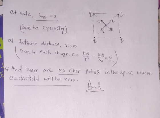 At center, thet = 0 Que to symmetry) I at Infinite distance, roo I Due to each charge, E= ko = KQ=0) # And there are no other