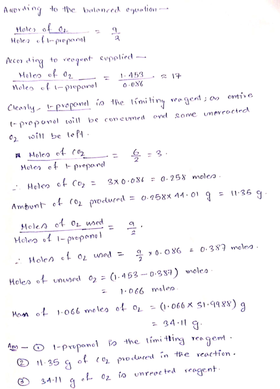 nuoriting to the balanced oryution - Moles of or a Moles of impropanol According to reogent supplied ---- Molen of 02 1.153.