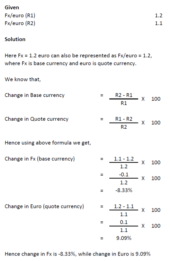 Given Fx/euro (R1) Fx/euro (R2) 1.2 1.1 Solution Here Fx = 1.2 euro can also be represented as Fx/euro = 1.2, where Fx is bas