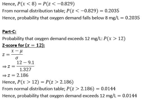 Hence, P(x < 8) P(z <-0.829) From normal distribution table; P(Z <0.829) 0.2035 Hence, probability that oxygen demand falls b