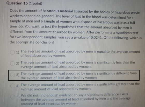 Question 15 (1 point) Does the amount of hazardous material absorbed by the bodies of hazardous waste workers depend on gende