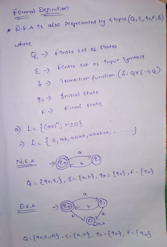 Formal Definition * D.F.A is also represented by Ituple (Q, E, 90,4,5) where Q - Finite set of states E-) Finite set of input