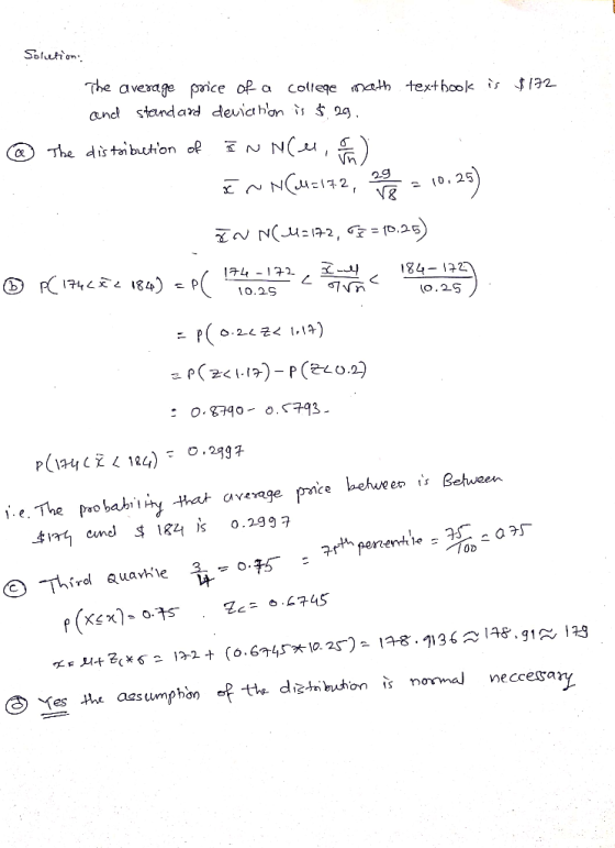 Solution The average price of a college math textbook is $172 and standard deviation is $29. @ The distribution of INN(M. I a