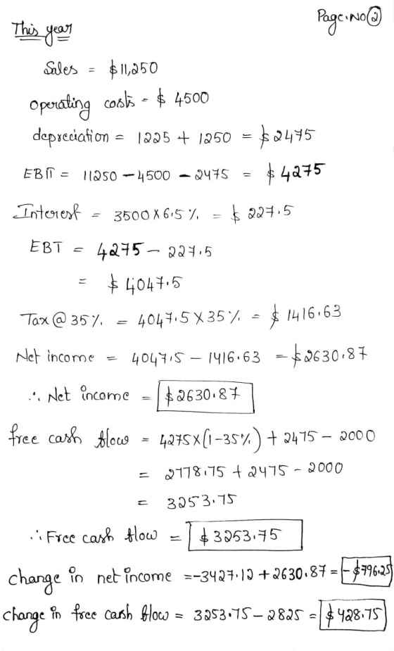 Page Nol This year NO(2) Sales = $11,250 Operating cost = $ 4500 depreciation = 1225 + 1250 $2475 EBIT = 11250 - 4500 - 2475
