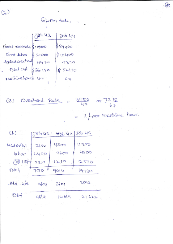 Given data, 1 Jobu3 Ewveet abaterials 2.699.00 Direct din der $21000 Applica overhead u950 total cast $36 150 machine hours u
