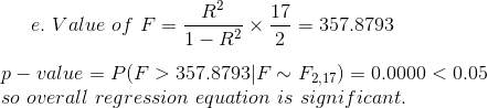 e. Value of F= 122 17 D2X = 357.8793 p - value = P(F > 357.8793|F ~ F2,17) = 0.0000 < 0.05 so overall regression equation is