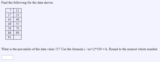 Find the following for the data shown 7 15 17 23 44 46 49 55 58 70 8689 91 What is the percentile of the data value 55? Use the formula i /(n+1)*100 k. Round to the nearest whole number.