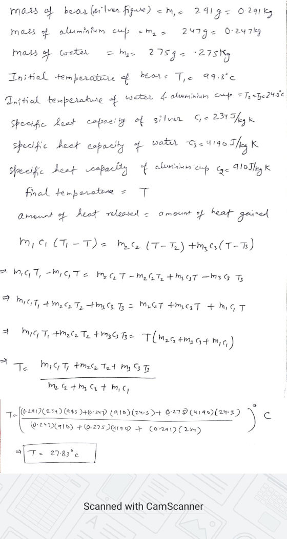 mass of bear (silver figure) = m = 2918= 0.291 kg mass of aluminium cup = m₂ = 2479= 0.247 kg mass of water = my= 2759=275kg