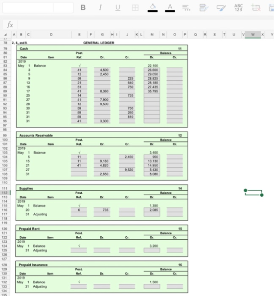 BI U SA = tz A B C D E J K L M N O P Q R S T U V W X Y F G H I GENERAL LEDGER 78 2.6 and 9 Cash Balance Post. Ref. Date F2019