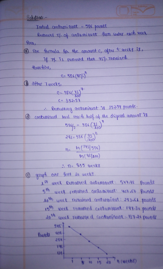 Solution:- - 100 2. Remaining m Initial contaminant 586 pounds Removes 14. of contaminant from water each week ben @ the form