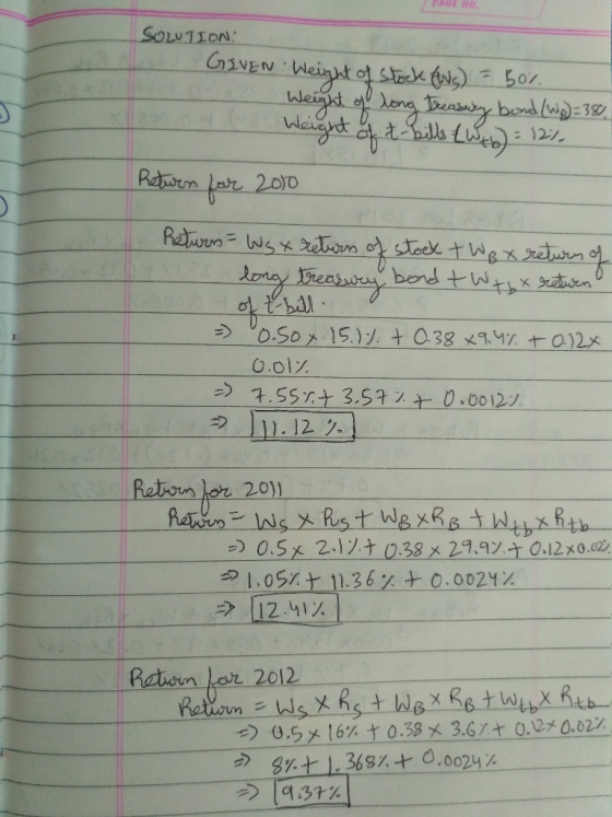 PAGE NO. SOLUTION GIVEN Weight of stock (W) = 50% Weight of long treasury bond (WB)=38% 1200 of ( Weight of t-bills twtb : 12