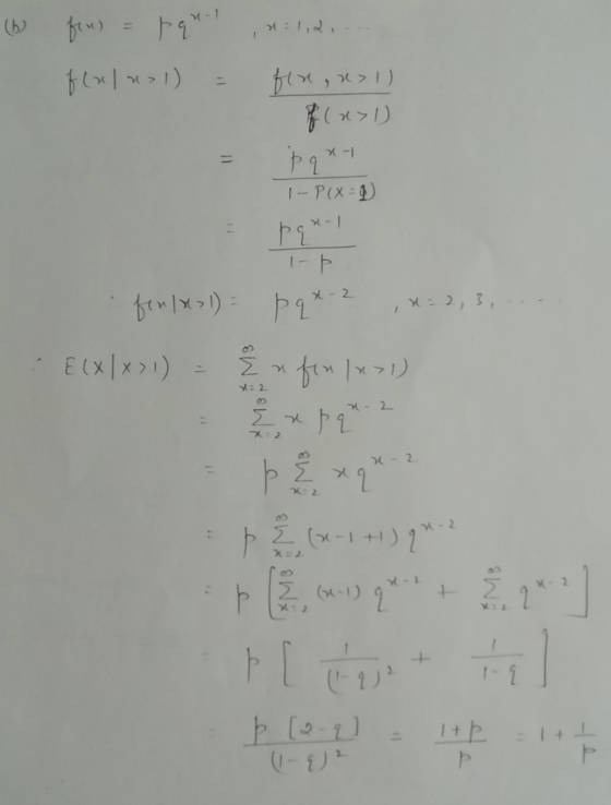 ( frons = pqH! 71* >> 1) = f(x, >1) f(x>1) pan- - P(X=1 = pqxl 1-Þ final) = pqx-2 ,x=2,3,.... ELXIX>1) - & fem /*>1) - * * p