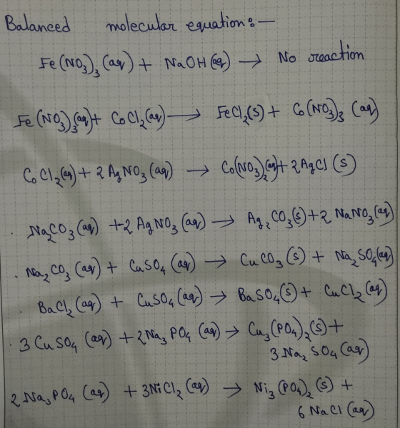 Se pauation : 11:11 No Joon TOU Na Balanced molecular equation: - Fe (NO), (aq) + NaOH (9) No reaction Fe (NO) cont Cocl, Cos