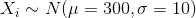 X_i \sim N(\mu = 300, \sigma = 10)