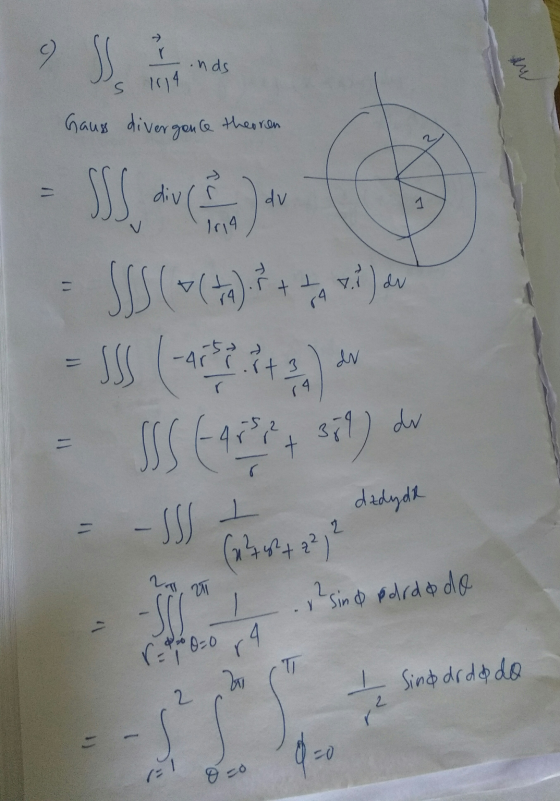 SS ends s 1014 Gauss divergence therren div dv 1114 SSS (+(+4). + + 7 8 ) der -5 = SSS -4rrort 3 du T 14 du sil) + dzdydh S