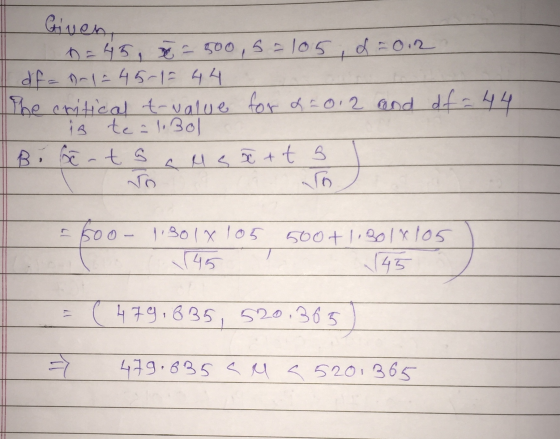 Given, + n=45, e = 500, 5=105 & 2012 df = 0-1 = 45-1= 44 The critical t-value for & 2012 rond df = 44 is te nl. Bol Boots s s