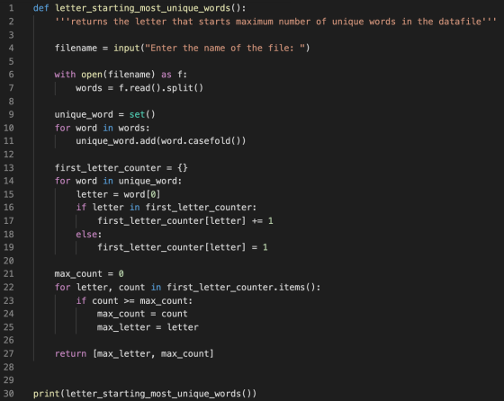 | def letter_starting_most_unique_words(): returns the letter that starts maximum number of unique words in the datafile
