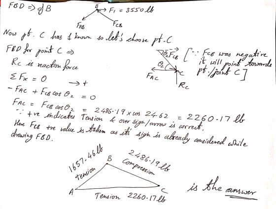 is the answer FBD =) of B B Fr=3550 lb FAB 20 F CB Fcb was negative it will point towards alane Fee Now pt. c has 1 known so