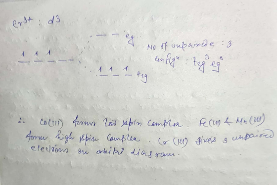 & Bt d3 No of superrede :3 onba tag eg A Ang . Collui) forms and spin complia. Felun & Me Cun form high spin complex Co (1) g