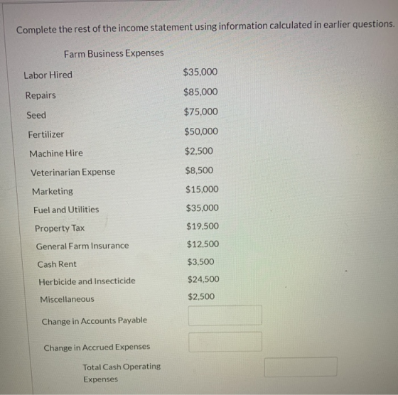 Complete the rest of the income statement using information calculated in earlier questions. Farm Business Expenses Labor Hir