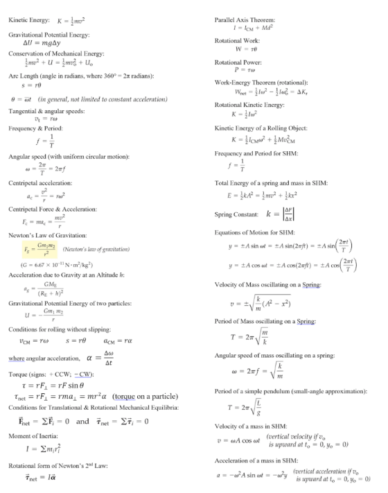 Parallel Axis Theorem: I = ICM + Md Kinetic Energy: K = 2m202 Gravitational Potential Energy: AU = mgay Conservation of Mecha