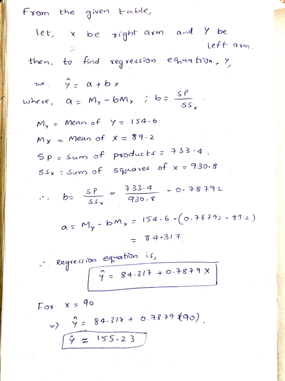 From the given table, let, х be right arm and y be left arm. then, to find regression equation we = و at bo SP where, ba a =