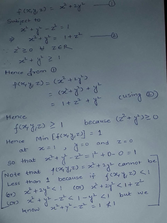 o se²+ y = f (oc, y, z) = z) = x² + 2y² subject to se+yu - 2 = 1 1+z² z²zo H ZER se² + y z Hence from f(x, y, z) = (x² + 2 y