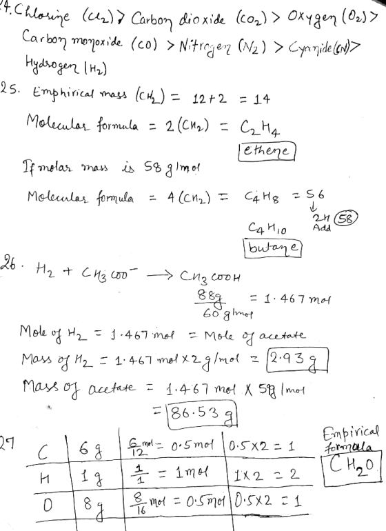 hlorine (12); Carbon dioxide (CO2)> Oxygen (O2)> Carbon monoxide (Co) > Nitrogen (N2) > Cyanide (CN)> Hydrogen (42) 25. Emphi