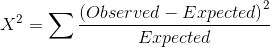X^2=\sum \frac{\left (Observed- Expected \right )^2}{Expected}