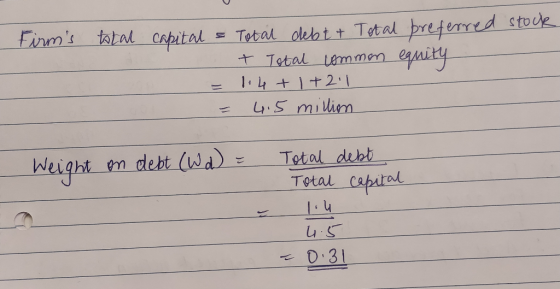 Tetal oleht t Tetal breferrd stoue +Tetal temmen eity tatal capital Finms 4.5milim Total dubt Total capatal Wight em debt wa